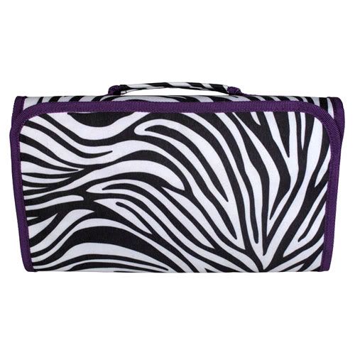 PURPLE Trim ZEBRA Print TriFold Hanging Cosmetic Bag Makeup Case