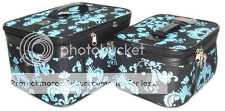 2 Piece Blue Black Damask Hard Sided Cosmetic Train Case Set Travel or Home