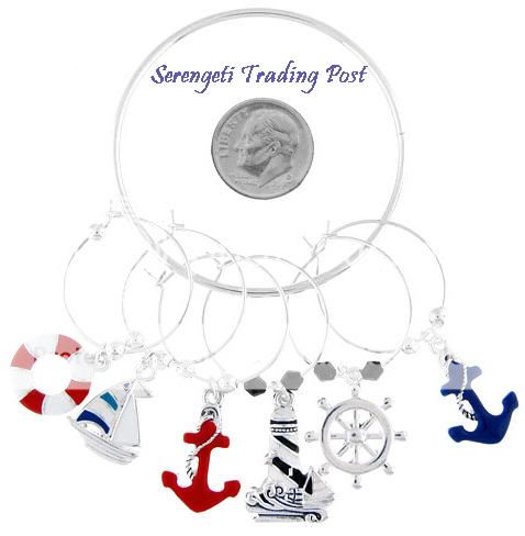 LIGHTHOUSE ANCHOR SAIL Wine Glass Stem Charms Set of 6  