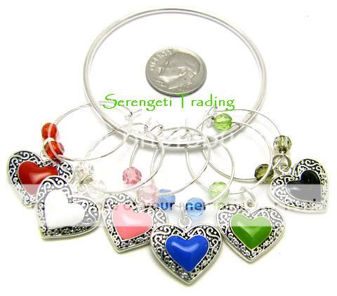 Hearts Colorful Silver Wine Glass Stem Charms Set of 6